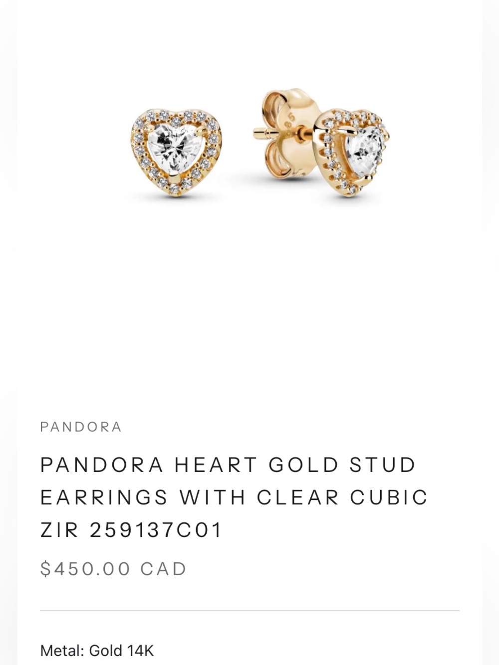 Authentic Pandora 14k Solid Gold Elevated Heart Stud Earings New